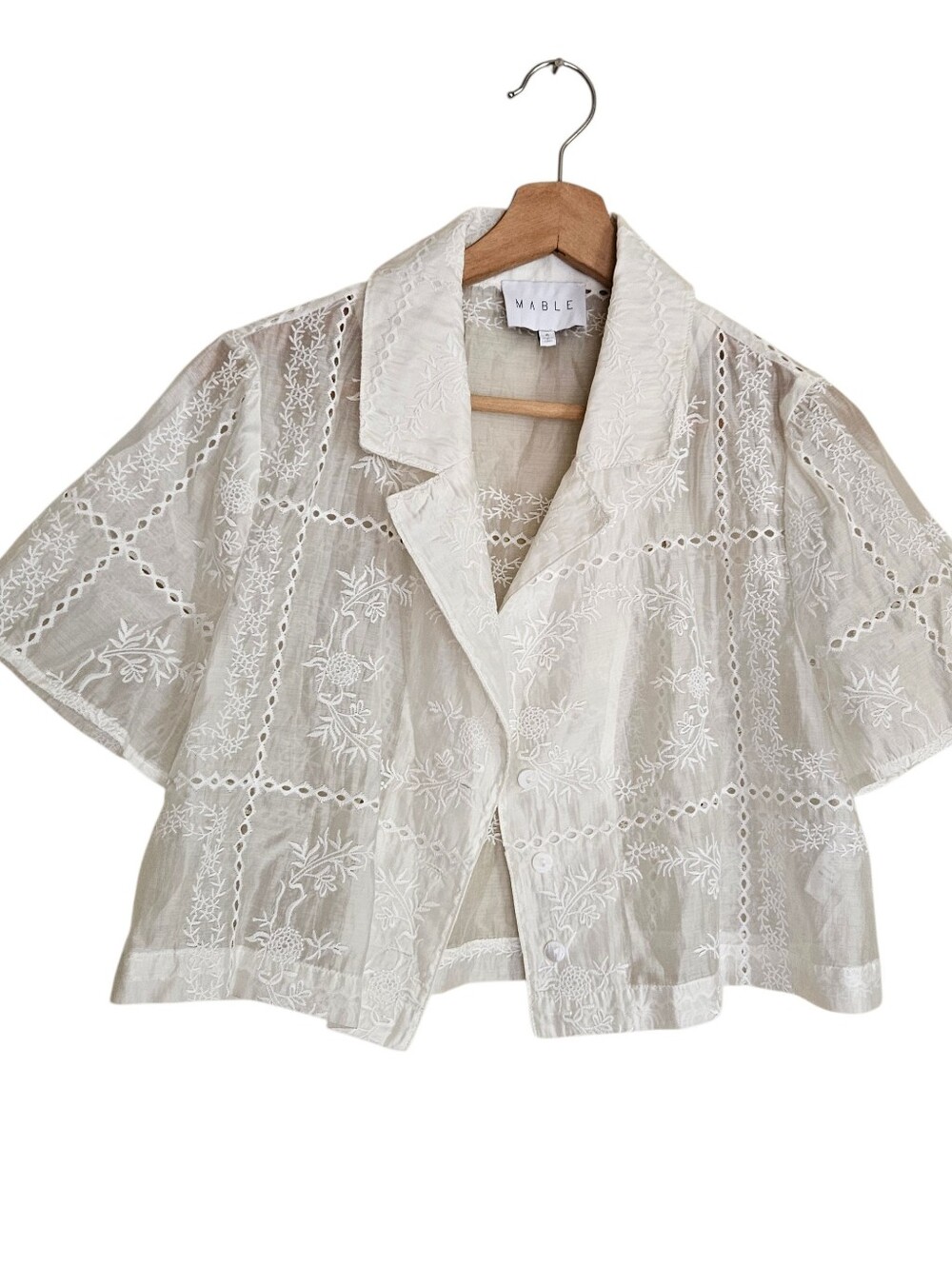 MABLE White Floral Eyelet Embroidered Crop Blouse Sheer Lace Shirt - Picture 3 of 8